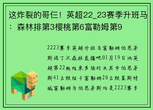 这炸裂的哥仨!英超22_23赛季升班马:森林排第3樱桃第6富勒姆第9